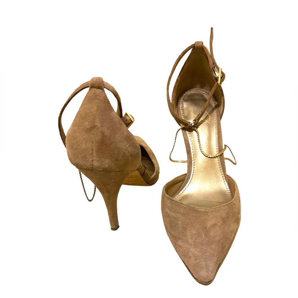 Vero Cuoio Tan Suede Heels with gold chain size 5.5 - Picture 5 of 10